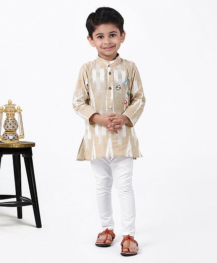 Ridokidz Ikat Full Sleeves Badges Detailed Kurta & Pajama Set - Beige