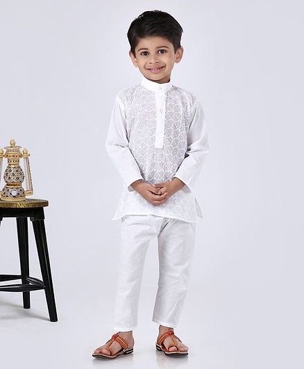 Ridokidz Embroidered Full Sleeves Kurta With Pajama - White