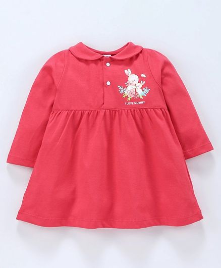Zero Full Sleeves Night Dress Bunny Print - Cherry Red