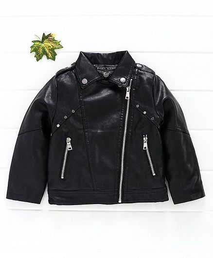 Kookie Kids Full Sleeves Faux Leather Jacket - Black
