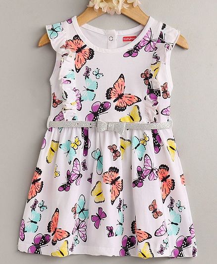 Babyhug Sleeveless Frock with Belt Butterfly Print - White