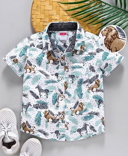 Babyhug Half Sleeves Woven Shirt Animal Print - White Blue