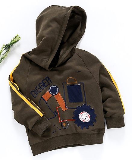 Kookie Kids Full Sleeves Hooded Sweatshirt Construction Vehicle Patch - Olive Green