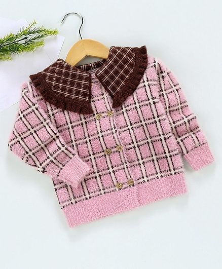 Kookie Kids Full Sleeves Checks Sweater - Pink