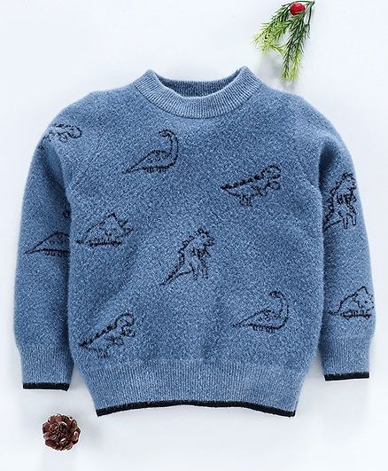 Kookie Kids Full Sleeves Sweater Dino Design - Blue
