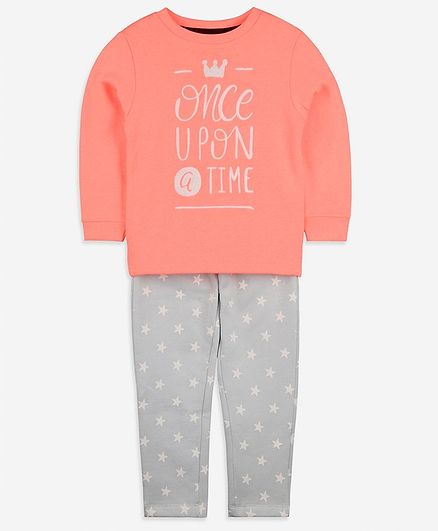 Cherry Crumble by Nitt Hyman Once Upon A Time Print Full Sleeves Tee With Bottom - Pink & Grey