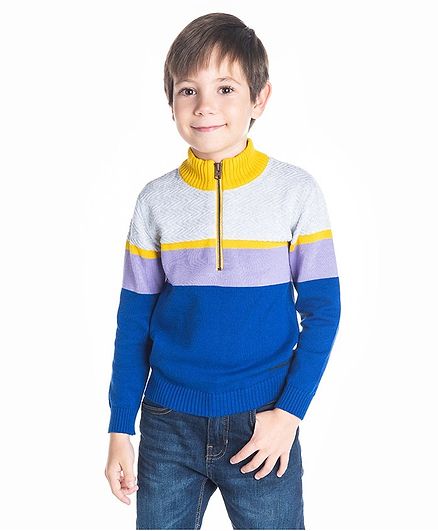 Cherry Crumble by Nitt Hyman Color Block Mock Neck Full Sleeves Sweater - Royal Blue & Mustard