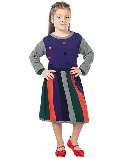 Cherry Crumble by Nitt Hyman Pom Pom Detailed Full Sleeves Striped Sweater Dress - Multi Color
