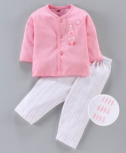 Zero 100% Cotton Full Sleeves Night Suit Bear Print - Peach