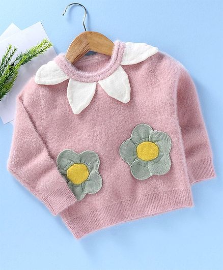 Kookie Kids Full Sleeves Sweater Floral Patch - Pink