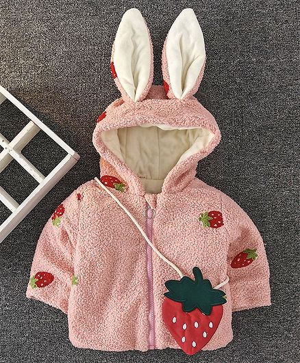 Kookie Kids Full Sleeves Hooded Faux Fur Jacket With Sling Strawberry Design - Pink