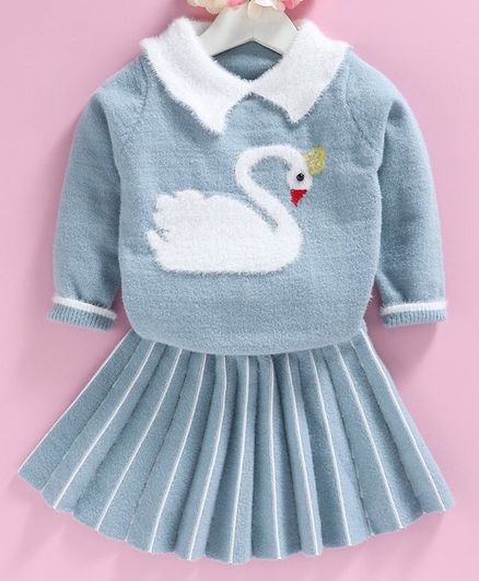 Kookie Kids Full Sleeves Sweater & Skirt Set Swan Patch - Blue