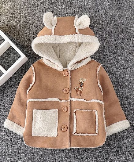 Kookie Kids Full Sleeves Hooded Winter Coat Reindeer Embroidery - Brown
