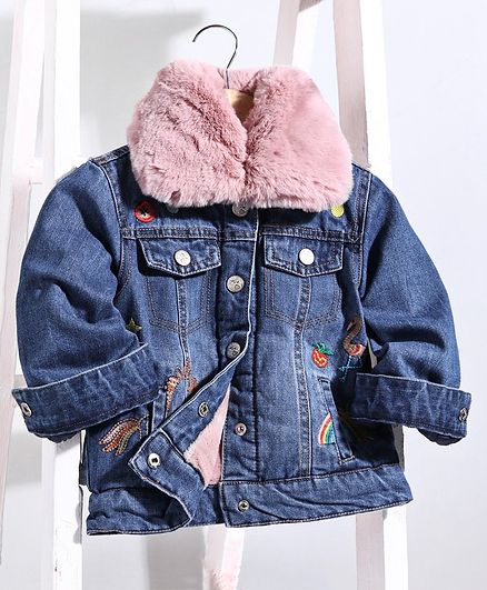 Kookie Kids Full Sleeves Denim Jacket With Detachable Plush Collar Embroidered - Blue