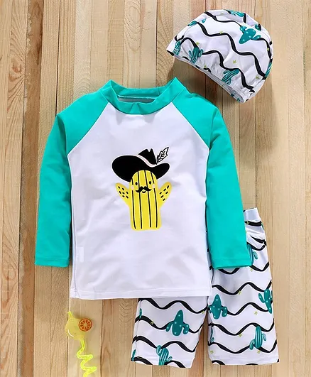 Kookie Kids Full Sleeves Printed Two Piece Swimsuit with Cap - White Green