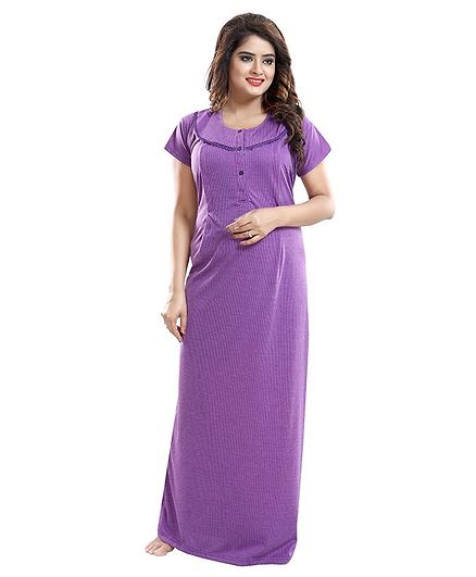 Fabme Self Striped Half Sleeves Maternity Nighty - Purple