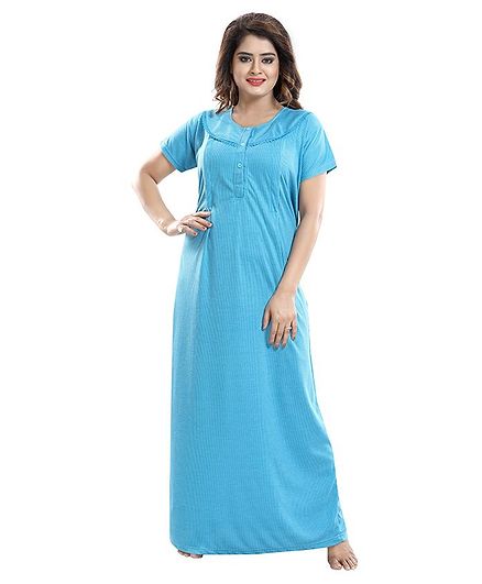 Fabme Self Striped Half Sleeves Maternity Nighty - Light Blue