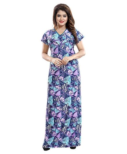 Fabme Floral Print Half Sleeves Maternity Nighty - Blue