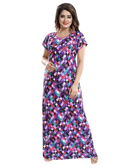Fabme Triangle Printed Half Sleeves Maternity Nighty - Purple