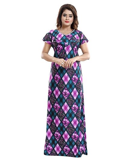 Fabme Diamond Printed Half Sleeves Maternity Nighty - Purple