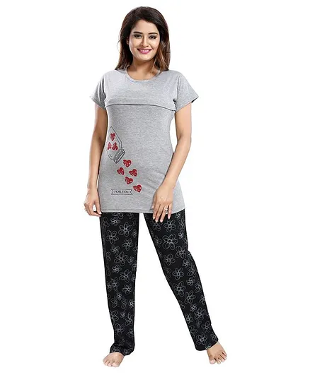 Fabme Hearts Print Half Sleeves Nursing Night Suit - Grey