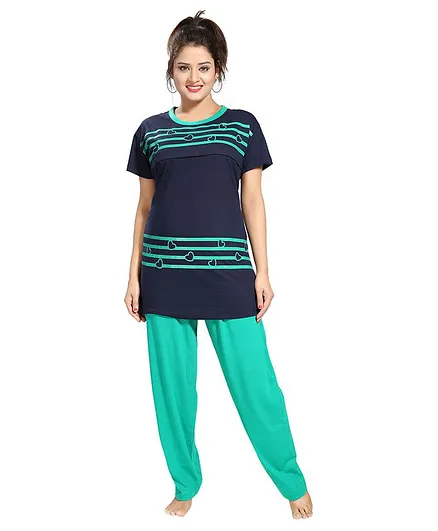 Fabme Hearts Print Half Sleeves Nursing Night Suit - Navy Blue