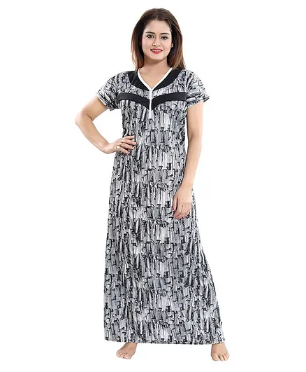 Fabme Printed Half Sleeves Nursing Nighty - White