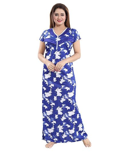 Fabme Autumn Leaves Print Half Sleeves Nursing Nighty - Blue