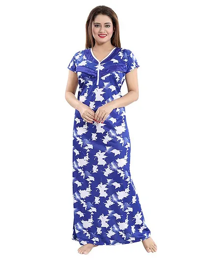 Fabme Autumn Leaves Print Half Sleeves Nursing Nighty - Blue
