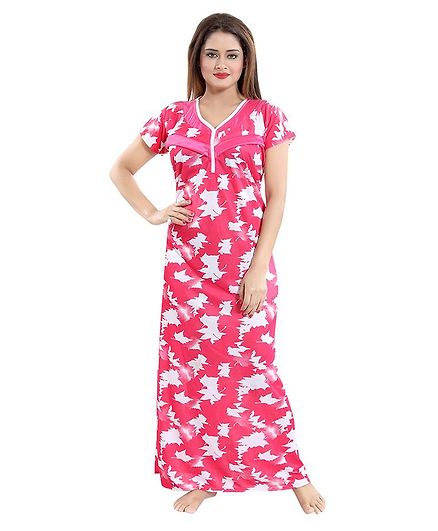 Fabme Autumn Leaves Print Half Sleeves Nursing Nighty - Pink