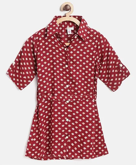 Kids On Board Half Sleeves Button Down Flower Print Dress - Red