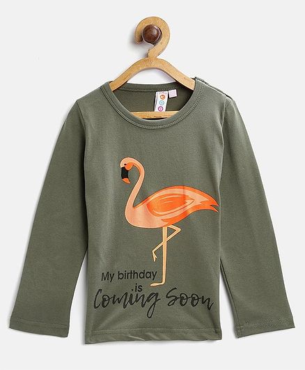 Kids On Board Full Sleeves Flamingo Print Tee - Green