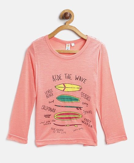 Kids On Board Ride The Wave Print Full Sleeves Tee - Light Peach