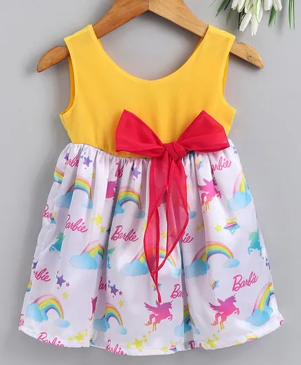 Barbie By Many Frocks & Sleeveless Rainbow Print Dress - Yellow