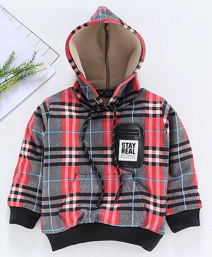 Noddy Checked Full Sleeves Hoodie - Orange & Grey