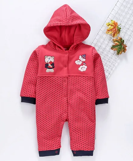 U R Cute Full Sleeves Polka Dot Print Hooded Romper - Red
