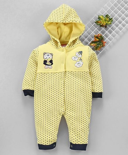 U R Cute Full Sleeves Polka Dot Print Hooded Romper - Yellow