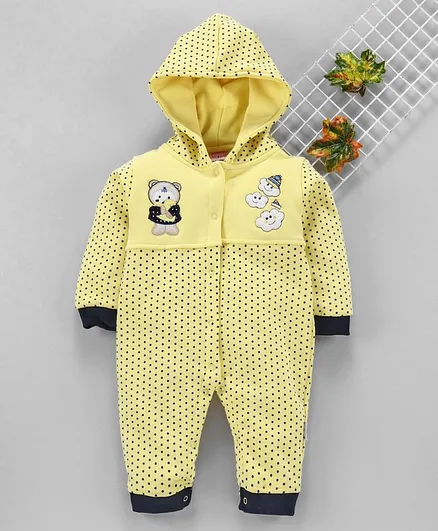 U R Cute Full Sleeves Polka Dot Print Hooded Romper - Yellow