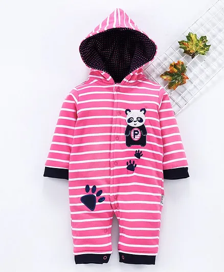 U R Cute Full Sleeves Striped Panda Patch Hooded Romper - Pink