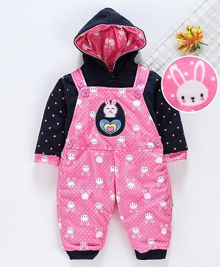 U R CUTE Full Sleeves Hooded Tee With all Over Bunny Print Dungaree - Pink
