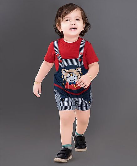 Dapper Dudes Bear Patch Dungaree With Half Sleeves Tee - Red