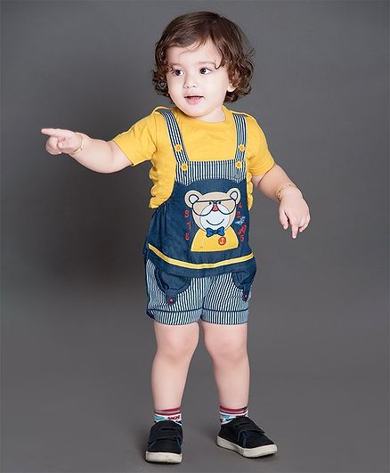 Dapper Dudes Bear Patch Dungaree With Half Sleeves Tee - Yellow