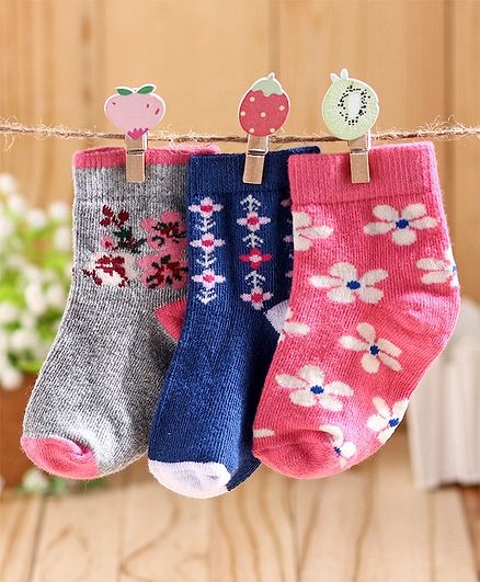 Cute Walk by Babyhug Ankle Length Anti Bacterial Socks Floral Design Pack of 3 - Pink Blue Grey