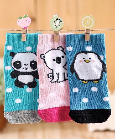Cute Walk By Babyhug Antibacterial Ankle Length Socks Pack Of 3 - Blue Pink Sea Green