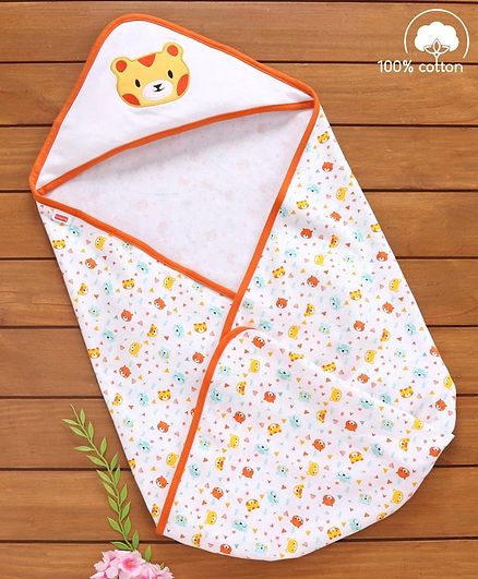 Babyhug Cotton Hooded Wrapper Bear Print - Orange