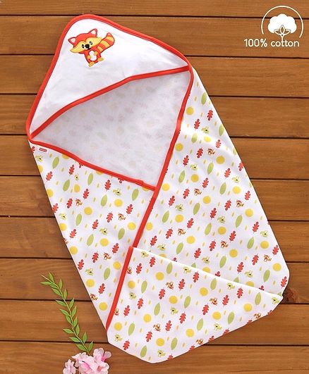 Babyhug Cotton Hooded Wrapper Racoon Print - Orange