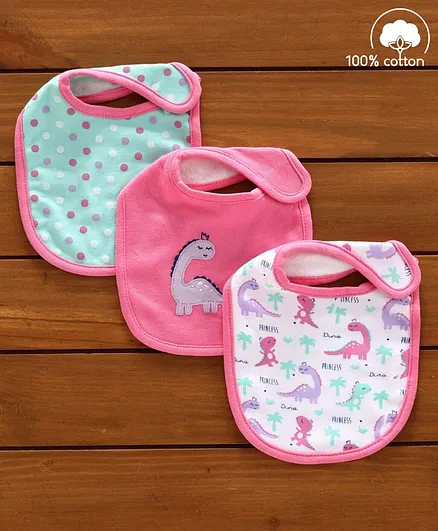 Babyhug Cotton Bibs Dinosaur Embroidery Set of 3 - Pink & White