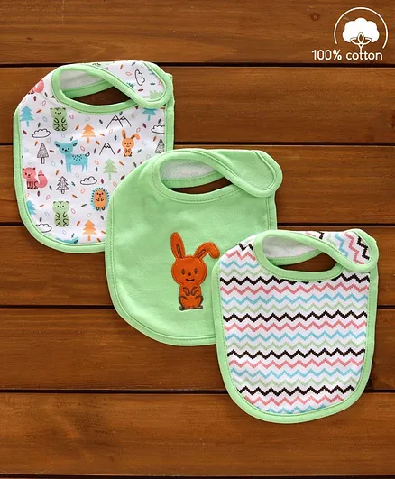 Babyhug Cotton Bibs Animal Embroidery Set of 3 - Green & White