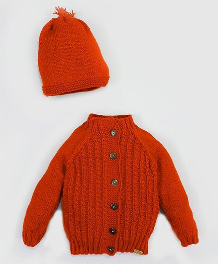 Knitting By Love Full Sleeves Self Design Sweater With Cap - Red