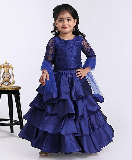 Saka Designs Layered Lehenga With Full Sleeves Choli & Dupatta Floral embroidery - Navy Blue